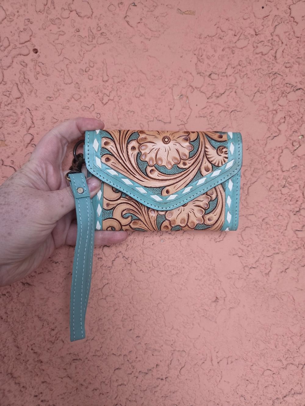 Tooled Floral Wristlet Wallet in Turquoise and Tan